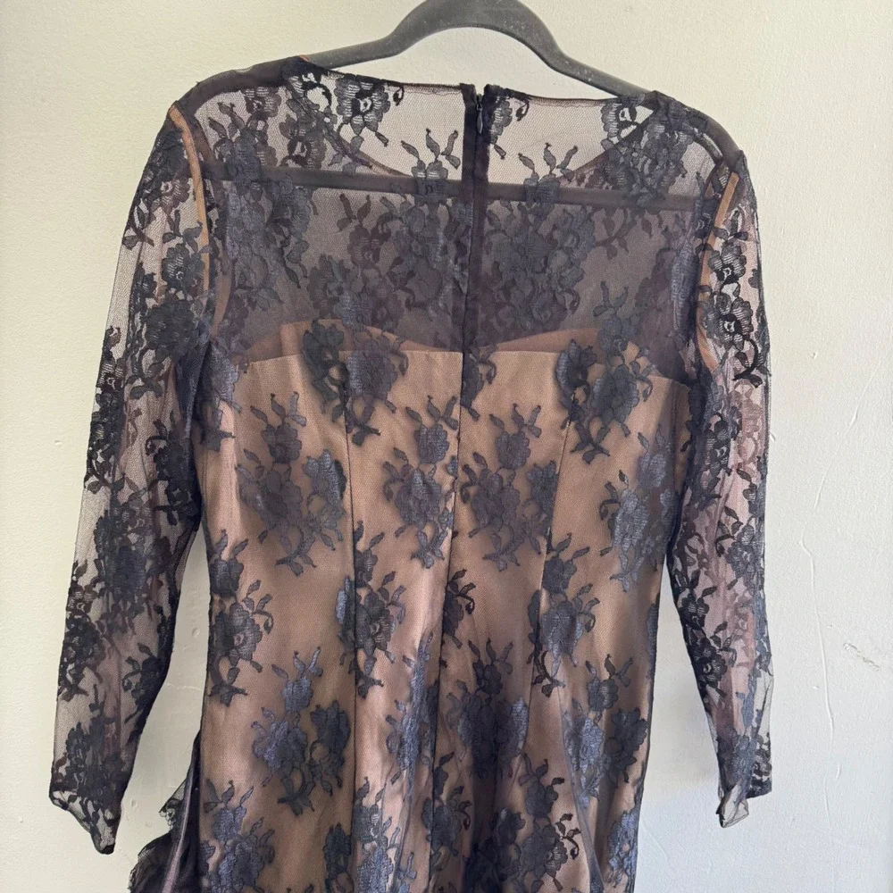 Victor Costa Black Lace Long Sleeve Tiered Mini Dress over Nude Slip - Picture 6 of 14
